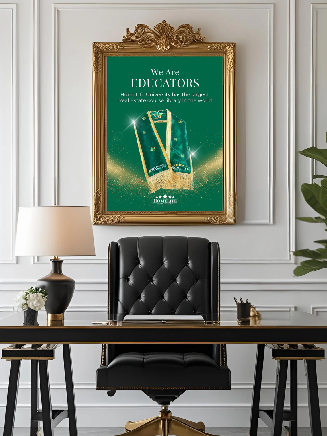 A HomeLife University poster displayed above an executive desk