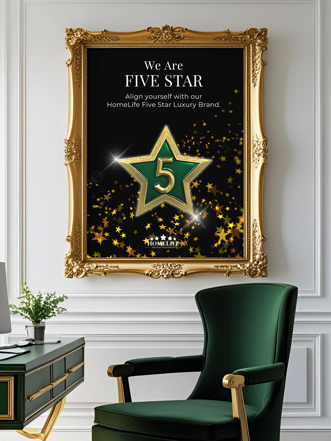 A Five Star luxury brand™ poster displayed in a gold frame
