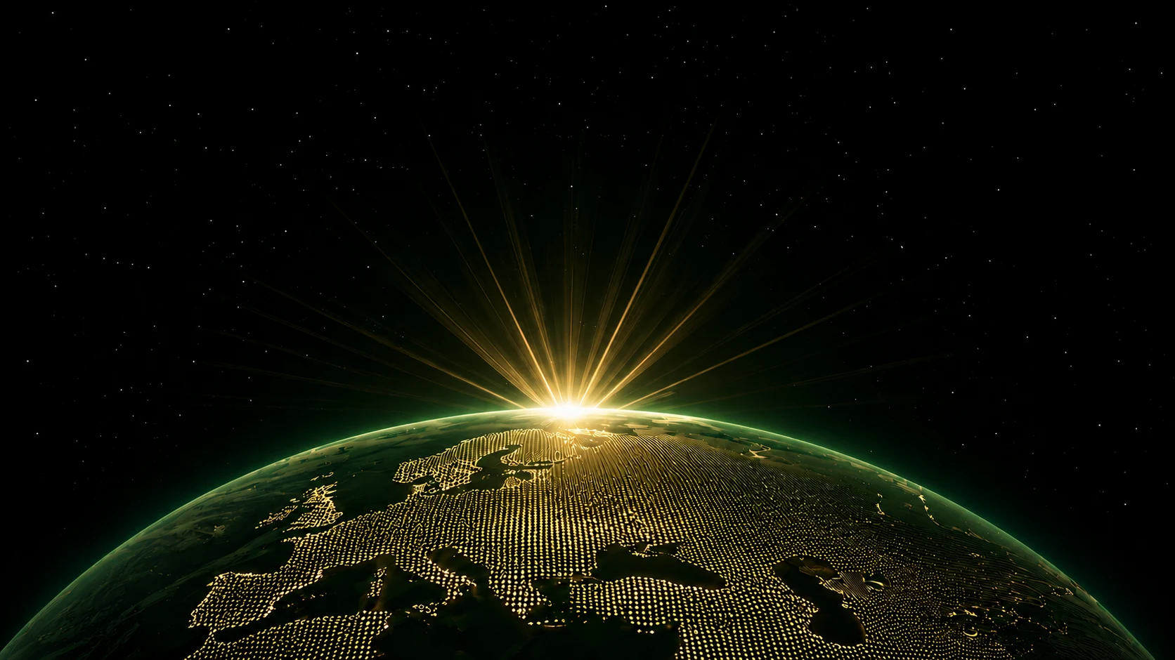 A golden sunrise over a green and gold globe