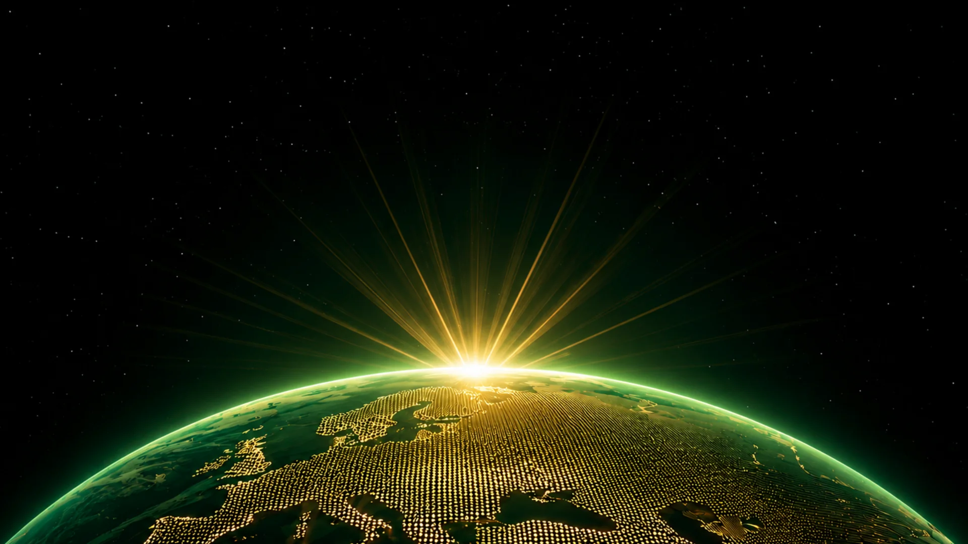 A golden sunrise over a green and gold globe