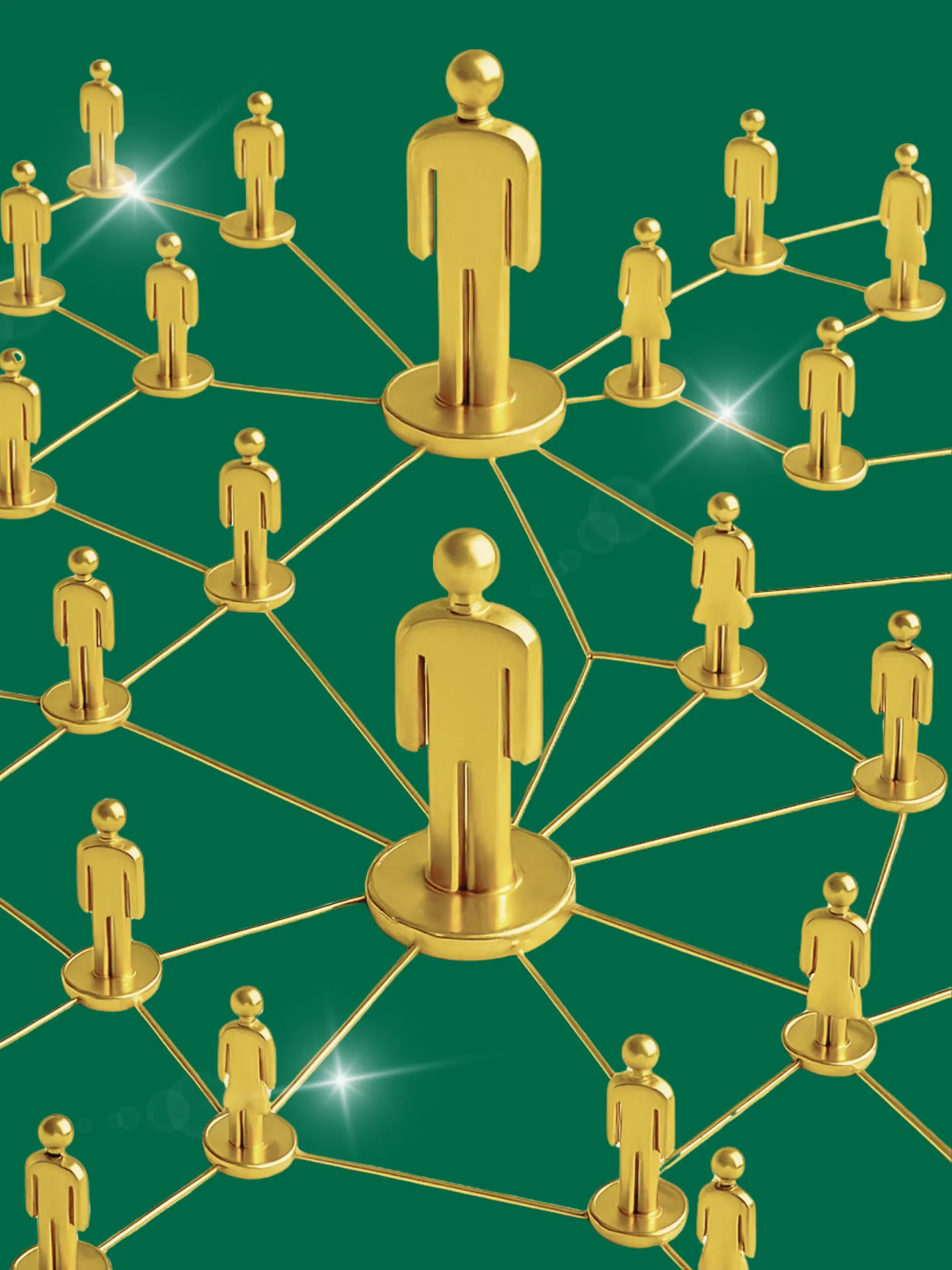 Gold figures connected in a growing business network