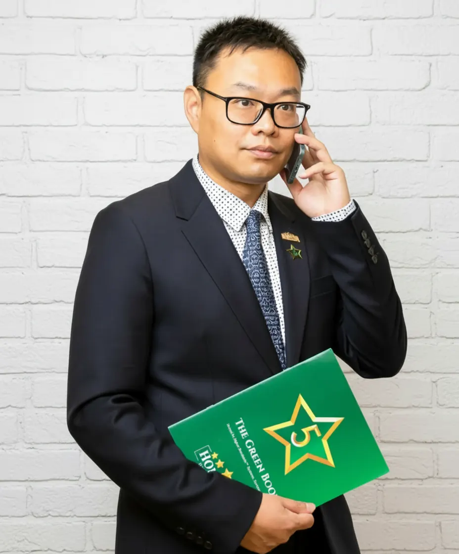 A HomeLife broker speaking on the phone and holding a Green Book